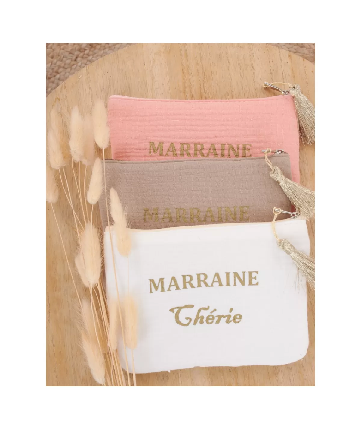 La boutique de Lilie Sacs / Idées Cadeaux>POCHETTE MARRAINE CHERIE Beige