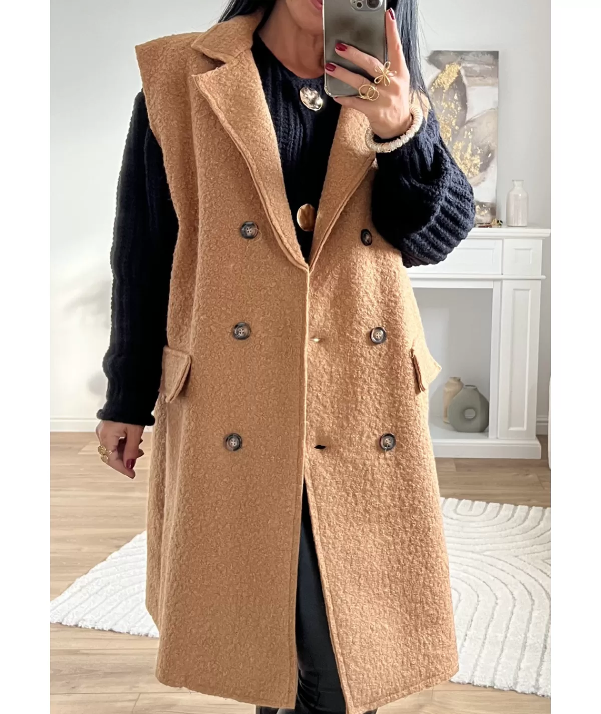 La boutique de Lilie Vestes>VESTE LONGUE SANS MANCHE ANTOINE Camel