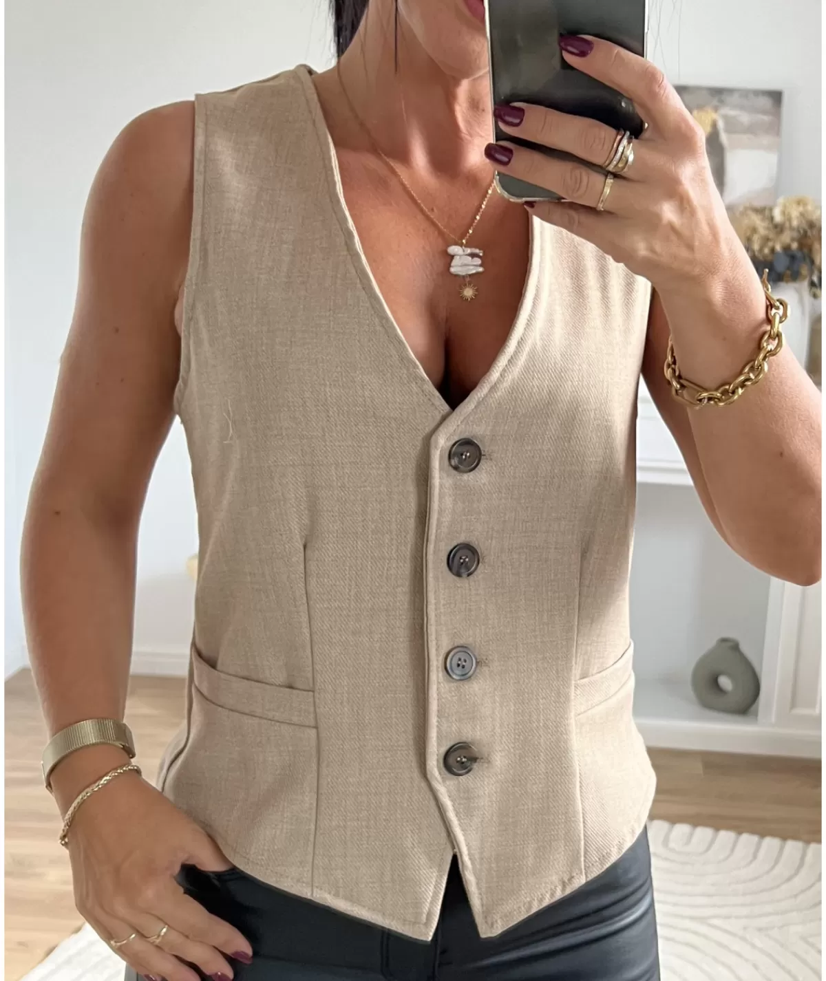 La boutique de Lilie Vestes>VESTE SANS MANCHE FLAVIE Beige